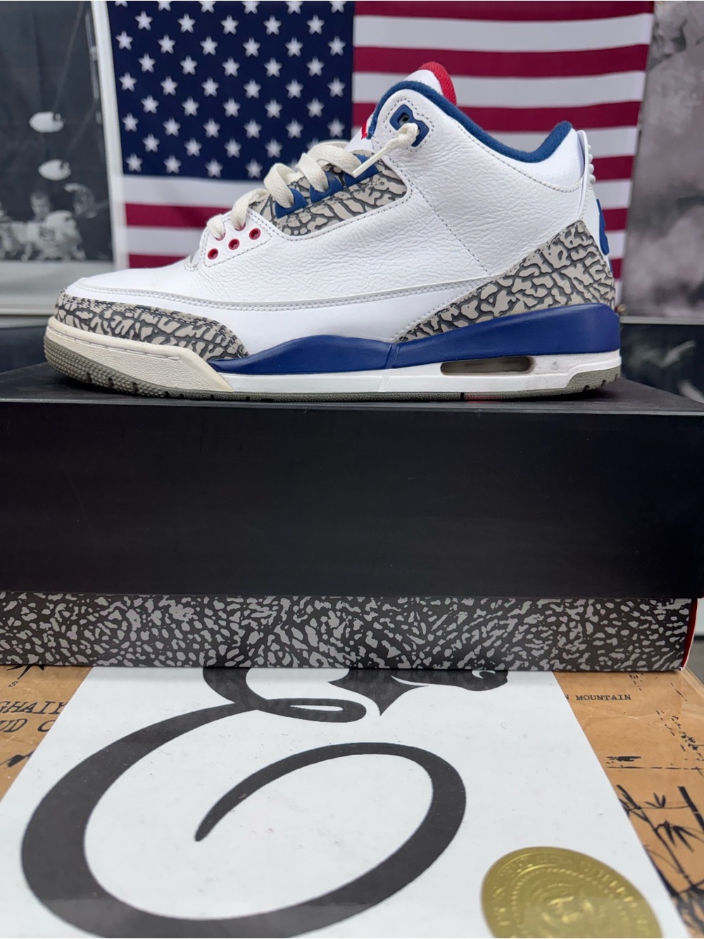 Jordan Men's Retro 3 White/Blue/Red with Elephant Print 2017
